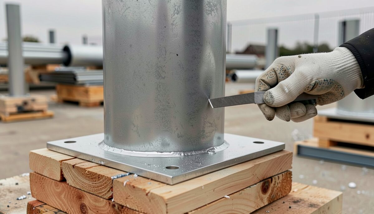 A hot-dip galvanized steel tube column with a welded base plate resting on stacked timber blocks in an outdoor yard, dull grey zinc with faint crystalline spangle, a gloved hand holding a flat file against a small zinc drip on the tube.
