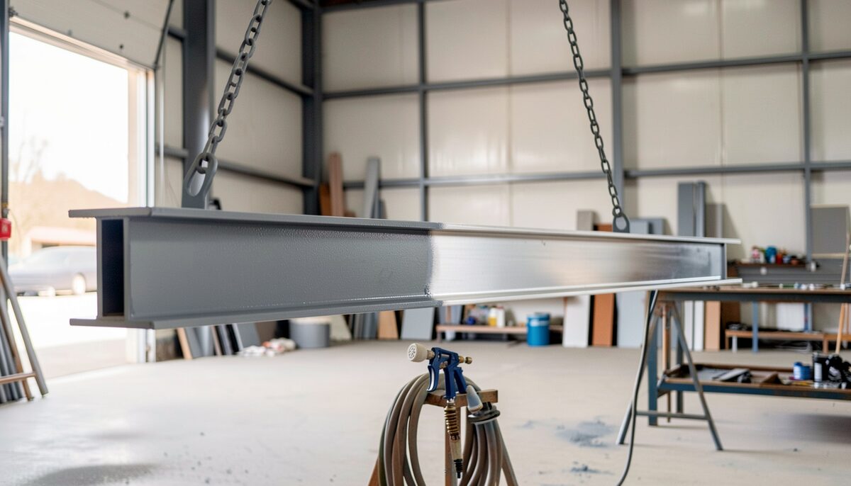 A long steel I-beam hanging level from two chain slings inside a fabrication shop paint bay, the near half coated in fresh grey primer and the far half bare blast-cleaned metal, a spray gun and coiled hose resting on a stand below, daylight from a tall open door.