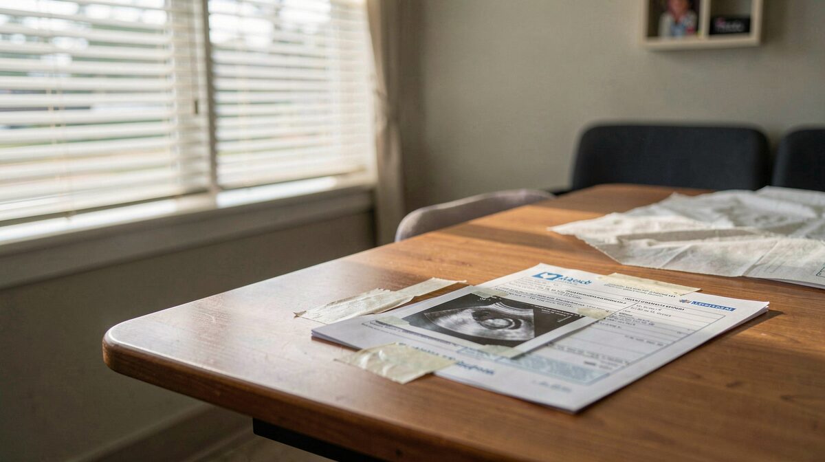 A waiting room table at a community clinic in Texas, morning light through blinds, a folder of Medicaid application papers beside a taped-up ultrasound photo, shot close with shallow depth of field