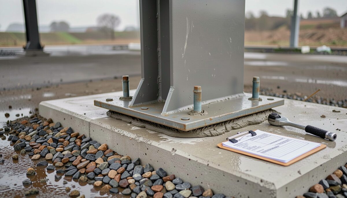 Steel column base plate seated on four anchor bolts over a concrete footing, fresh grout packed under the plate, a ratchet wrench and a clipboard checklist resting on the concrete beside it, wet gravel around the footing.