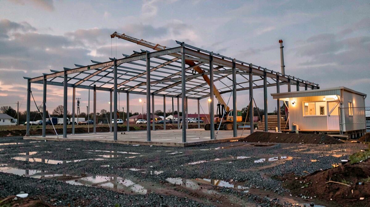 A half-erected steel hall at dusk, three frames standing with purlins partly fixed, a crane boom still over the fourth bay, wet gravel underfoot and the site cabin lights on at the edge of frame.