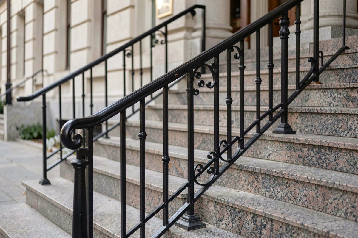 A close view of an ornamental steel handrail with decorative scrollwork mounted on a granite stone staircase.