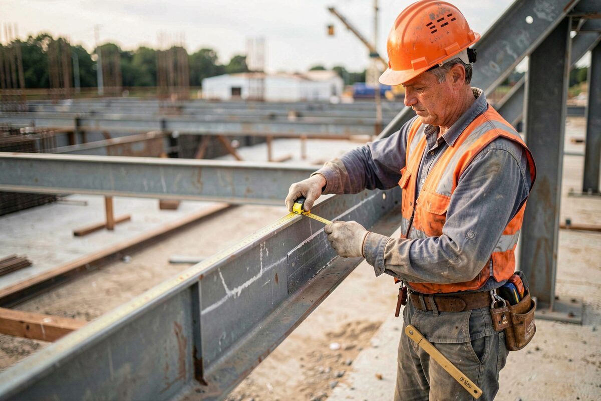 An ironworker measuring the diagonal of a steel bay with a long tape on a construction site.