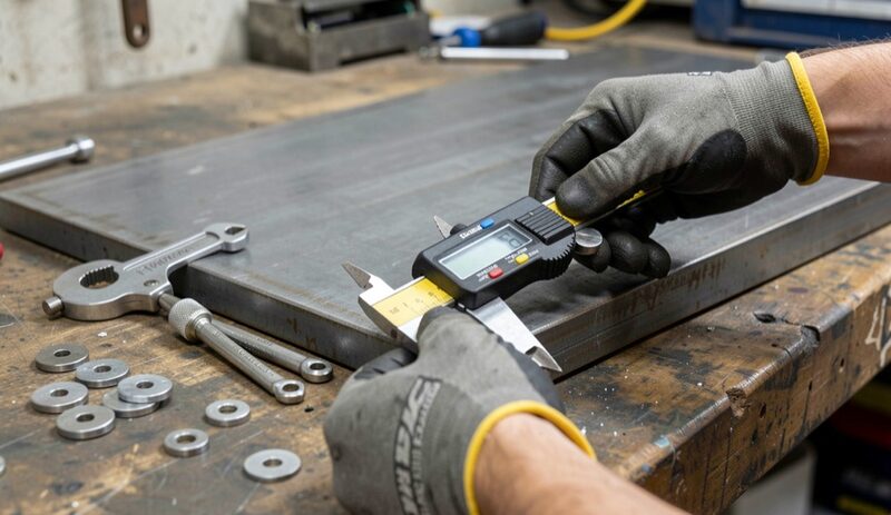 Gloved hands holding a digital caliper against the edge of a steel plate on a fabrication shop bench, micrometer and sample coupons nearby